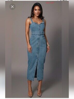 Denim Button-Front Midi JEAN DRESS with Belt - Light Blue